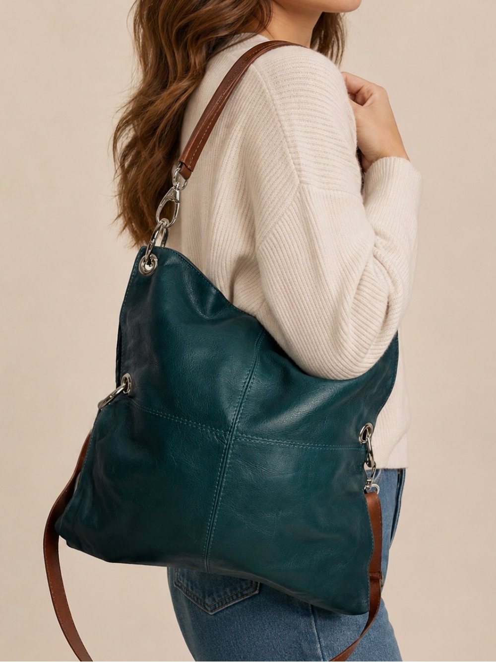 Lavorazione Artigianale Green Convertible Fold Over Italian Leather  Handbag.